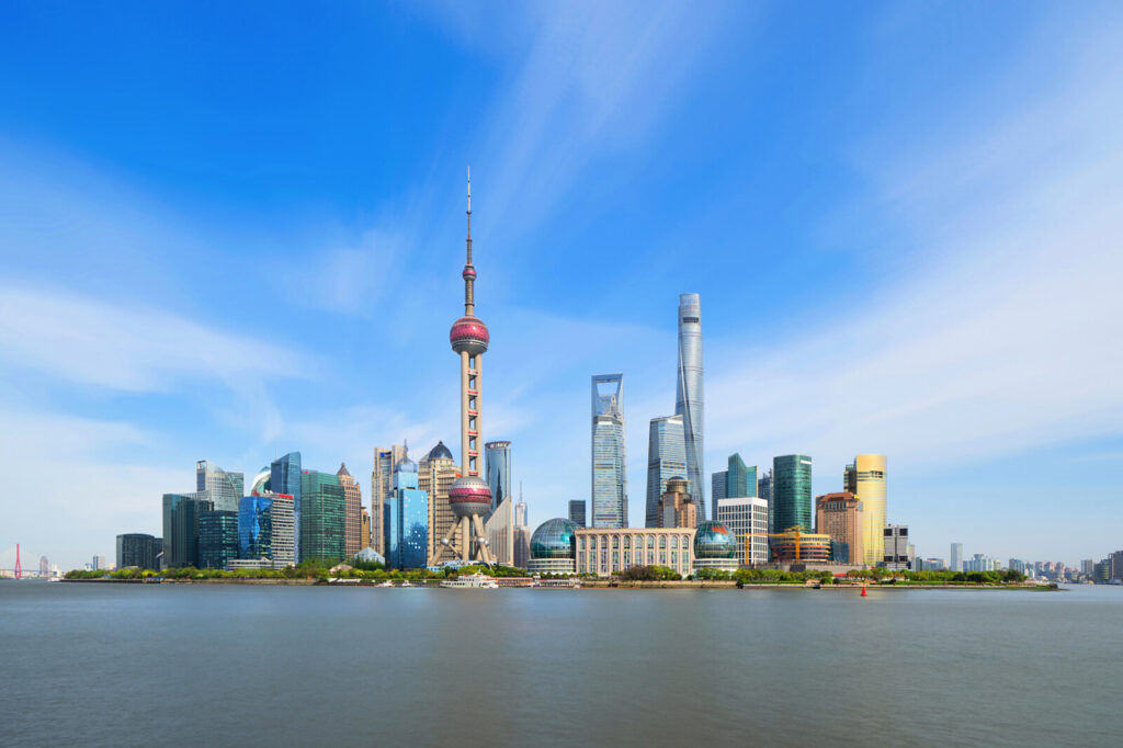 Shanghai Pudong skyline with Oriental Pearl Tower and skyscrapers across the Huangpu River