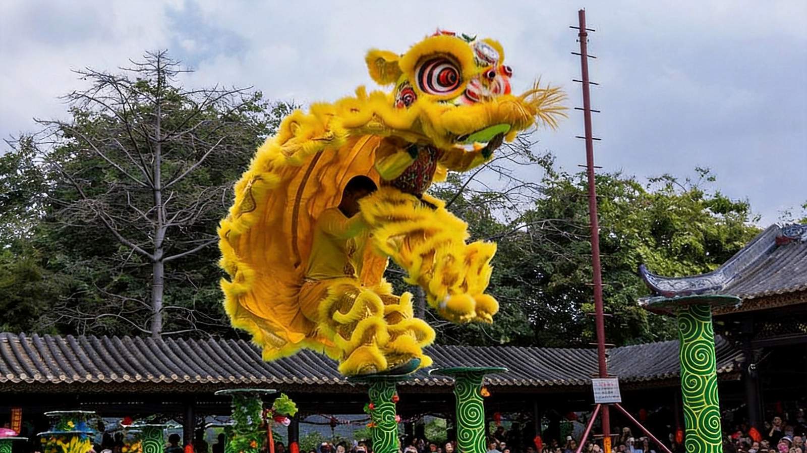 Traditional lion dance performance at Foshan Ancestral Temple