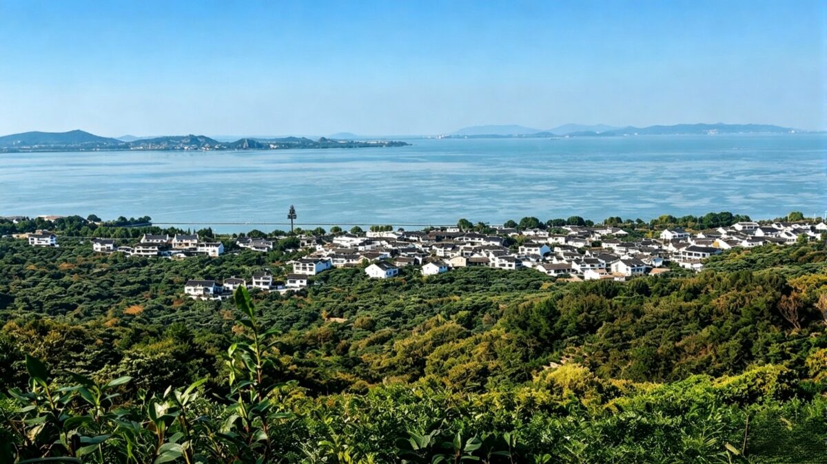 Aerial view of Taihu Lake with traditional water village and forested shoreline