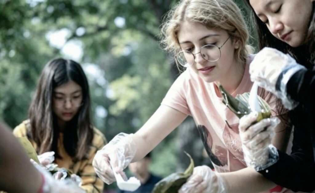 Traditional Chinese zongzi sticky rice dumplings wrapped in bamboo leaves for the Dragon Boat Festival