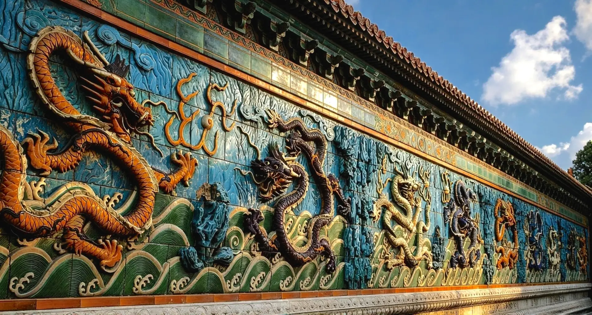 Nine Dragon Wall glazed tile relief at the Forbidden City in Beijing, showing intricate colorful dragon sculptures