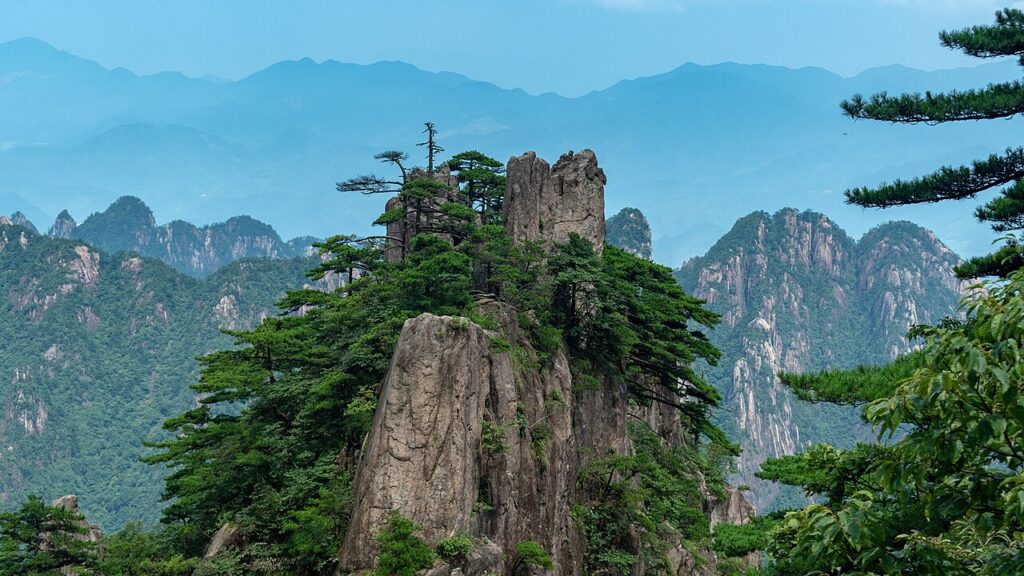 Huangshan Yellow Mountain summer landscape with granite peaks rising above green valleys