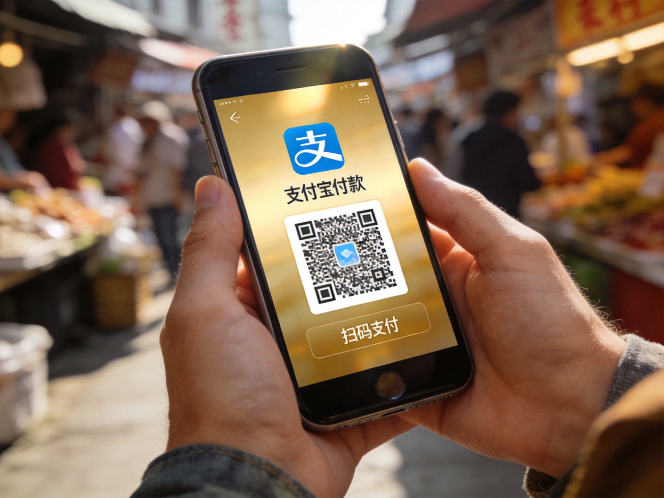 Step-by-step Alipay setup on smartphone showing QR code scanner for payment in China