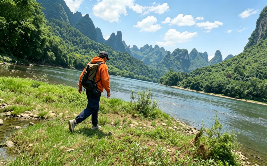 Male hiker in orange jacket walking along grassy riverside with karst mountains