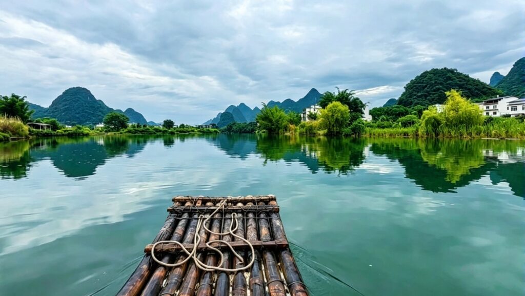 Yangshuo karst landscape along Li River with misty peaks and green farmland