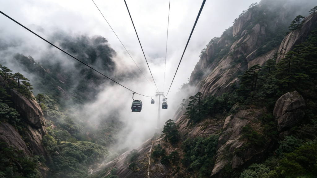 Huangshan cable car gondola ascending over Yellow Mountain granite peaks and misty valleys