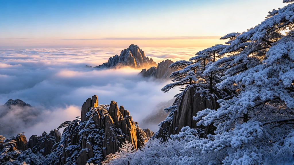 Yellow Mountain Huangshan winter rime ice on ancient pine trees and rocky peaks
