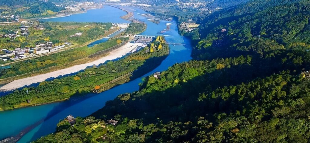 Dujiangyan ancient irrigation system viewed from above, showcasing the famous water engineering marvel in Sichuan