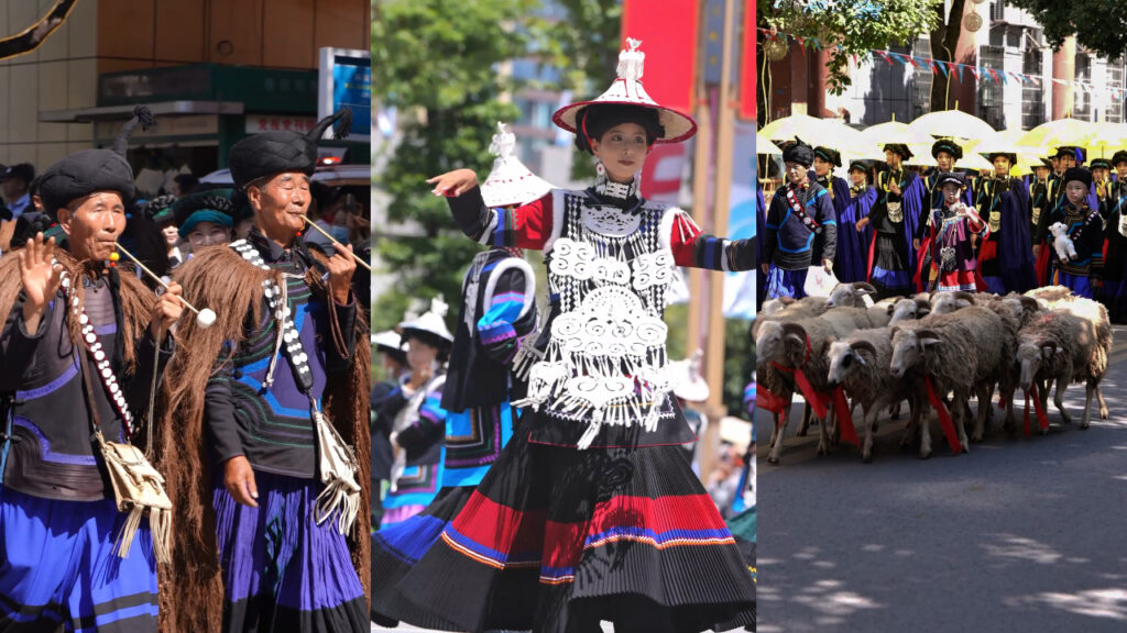 Three Yi Torch Festival scenes: elders playing traditional bamboo instruments, a woman in silver-adorned Yi costume performing a dance, and people leading sheep in a ceremonial procession