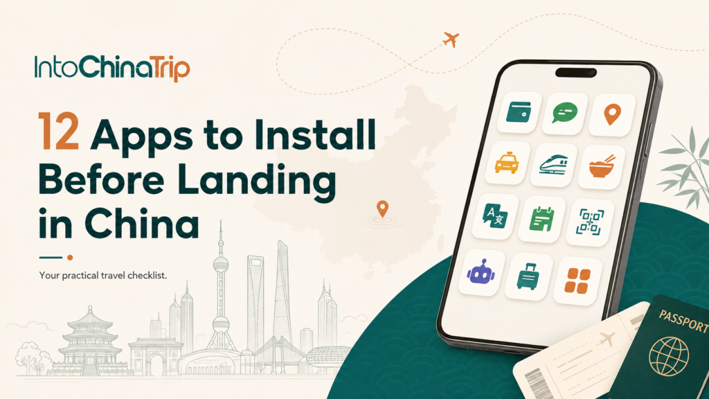 Illustration of a smartphone with essential China travel apps, passport, boarding pass, and Chinese city skyline silhouettes, IntoChinaTrip practical travel checklist guide