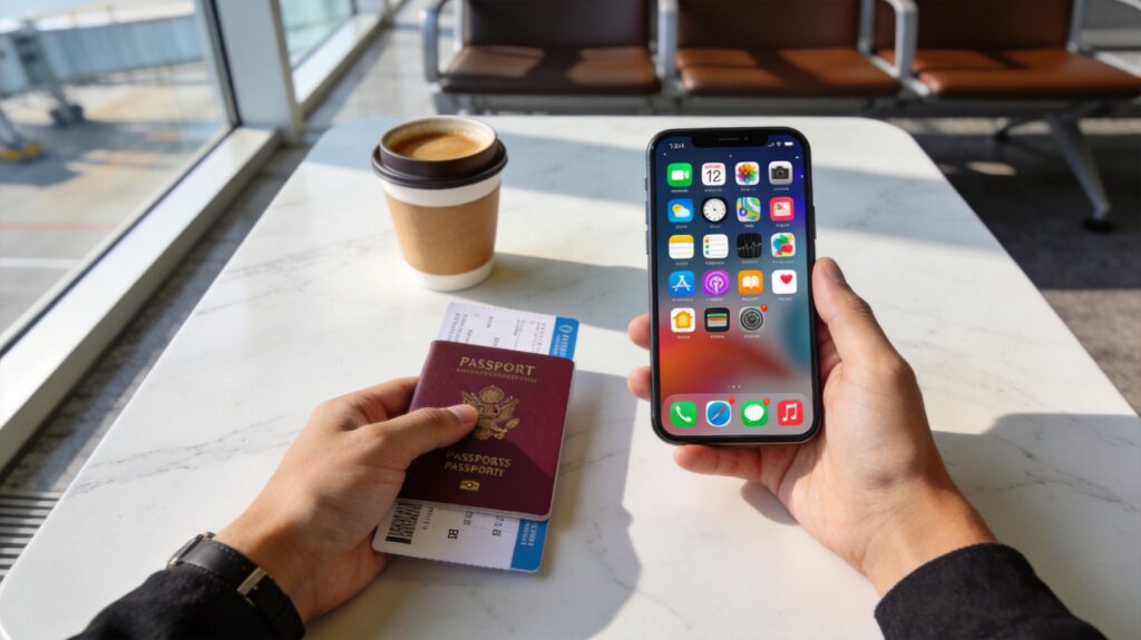Traveler holding passport and smartphone with travel apps ready at airport lounge before arriving in China