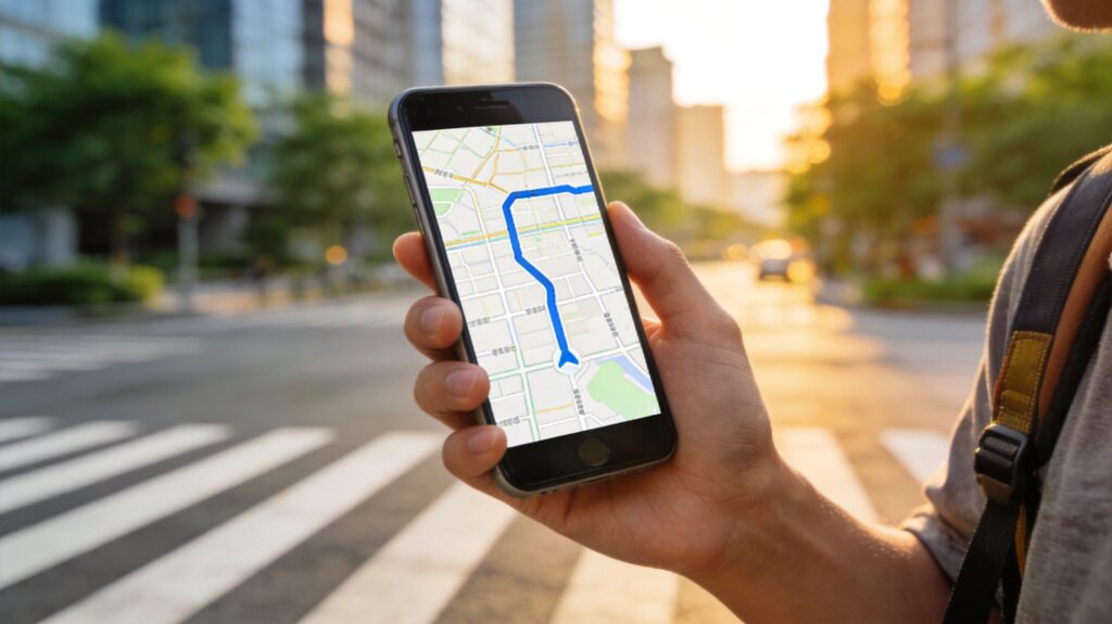 Traveler using smartphone navigation app with blue route on screen at Chinese city crosswalk