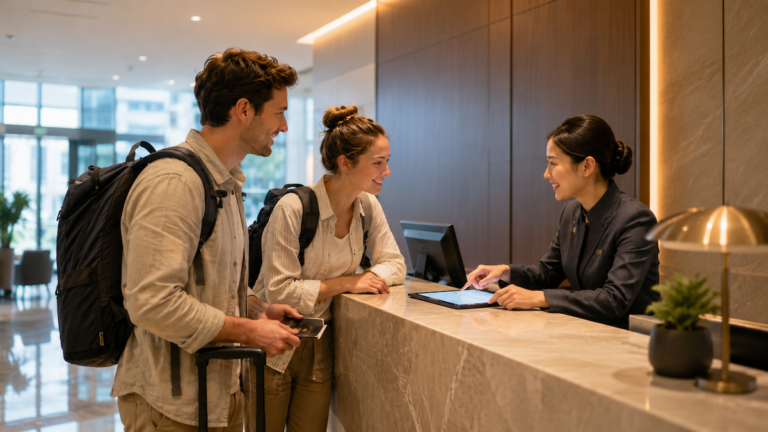 Two foreign backpackers checking in at a modern Chinese hotel reception desk, interacting with a smiling Chinese staff member, warm ambient lighting