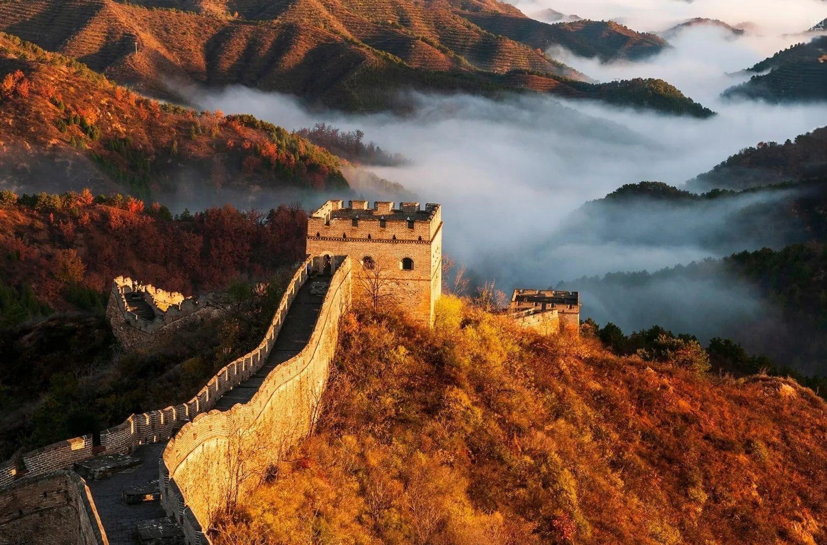 Autumn sunrise over a square watchtower on the Jinshanling Great Wall, with golden fall foliage and sea of clouds filling the valleys below