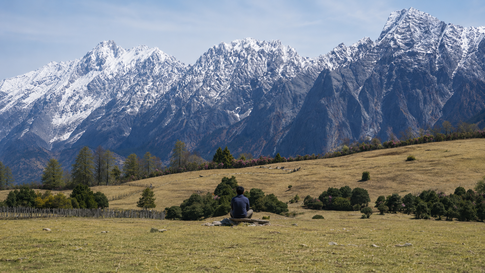 Alpine meadow at Laoyao Mountain with snow-capped peaks and rhododendrons, Day 2 of Tiger Leaping Gorge 2 day trek