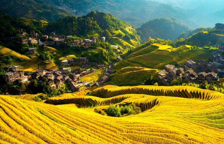 Golden Longji Rice Terraces at sunrise with Yao Village nestled in the valley