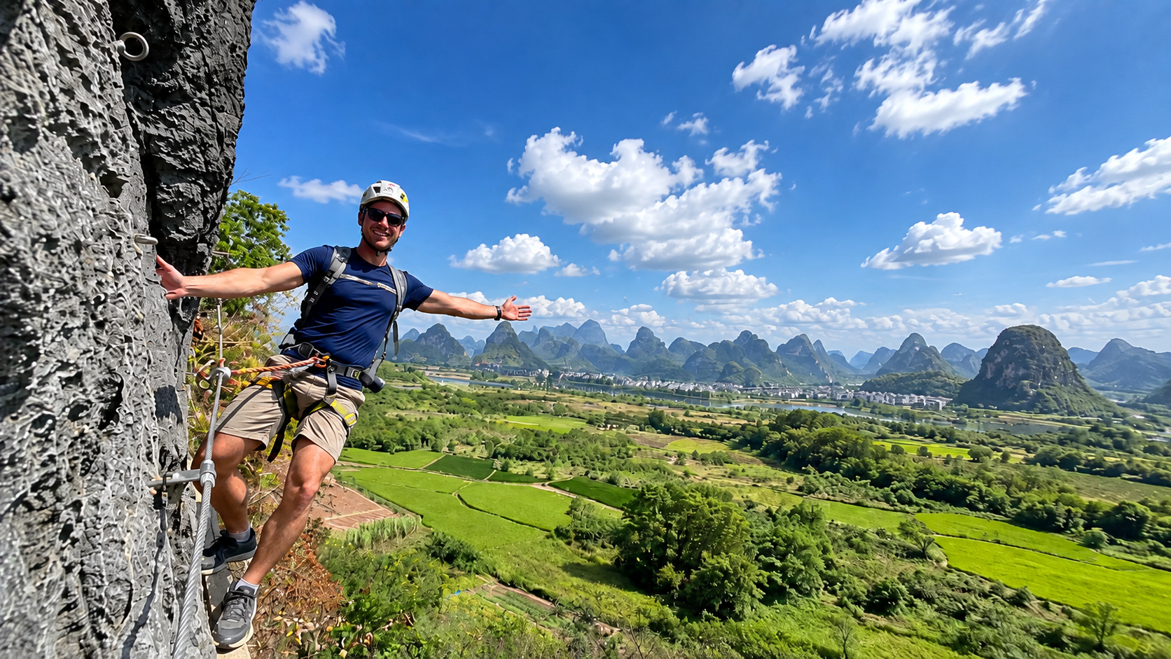 Climber enjoying panoramic views of Yangshuo karst landscape from the via ferrata route, one of the highlights of the Yangshuo Cycling and Via Ferrata Day Tour