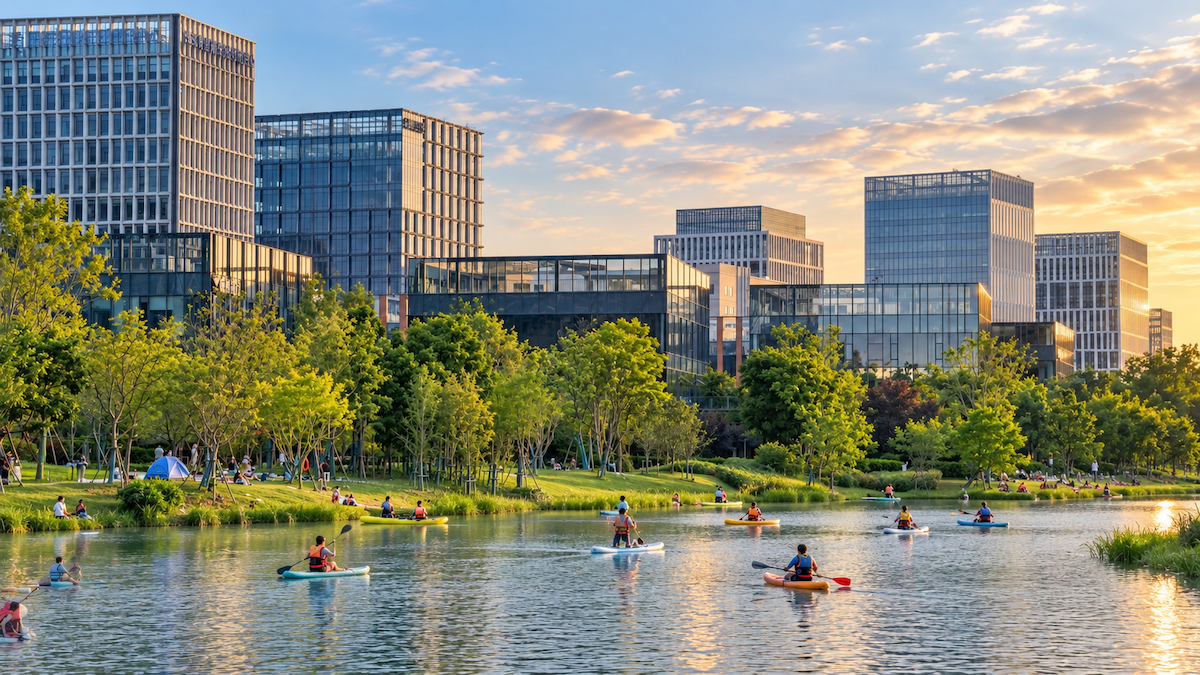 People kayaking and paddleboarding on Zhangjiang AI Water Ring at sunset, with glass office buildings in background