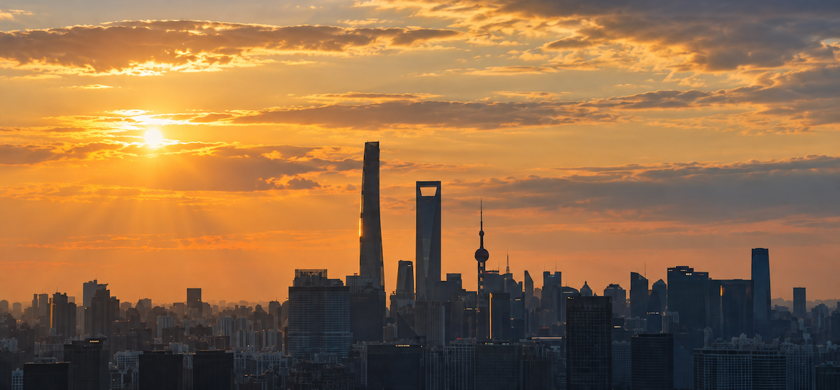 Shanghai Lujiazui skyline at sunset with Shanghai Tower, as seen from Science Gate Observation Deck in Zhangjiang
