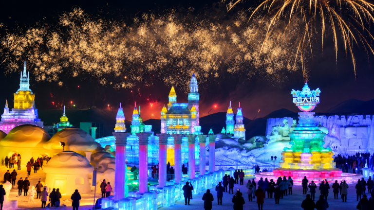 Harbin Ice and Snow World at night with colorful illuminated ice castles, golden fireworks and visitors in winter clothes