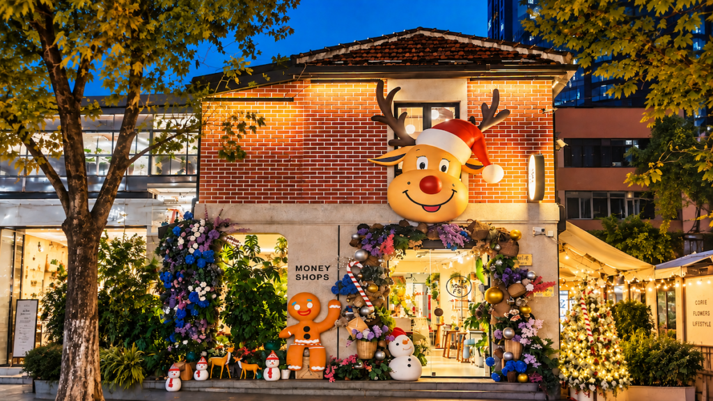 Christmas-decorated red brick building with a giant reindeer head, snowman and gingerbread figures on a city street in China