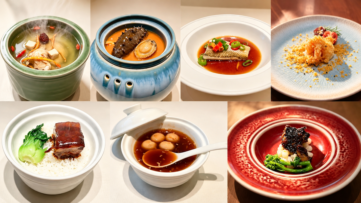 Close-up of Jiangzhe-style banquet courses served during the Shanghai immersive dinner show with period costume actors in background